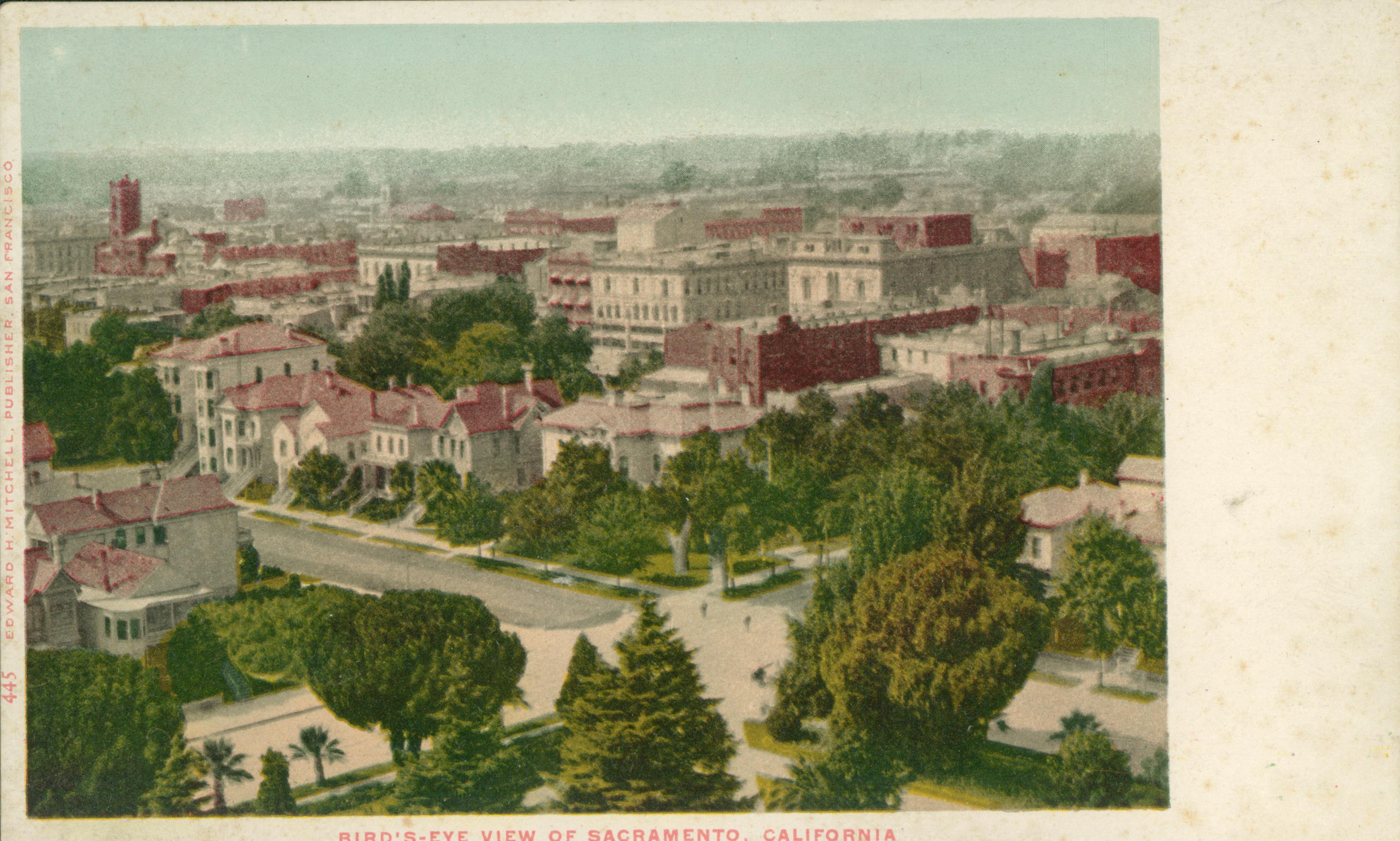 This postcard shows a bird's eye view of Sacramento.